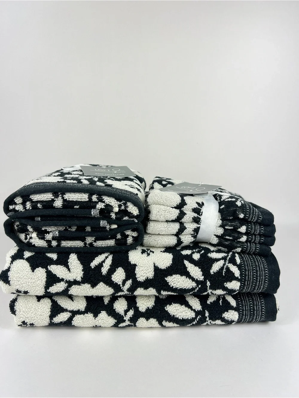 Loft by Loftex Bath Towel Set Bold Floral Black Off White 100% Cotton 8 Pc NEW